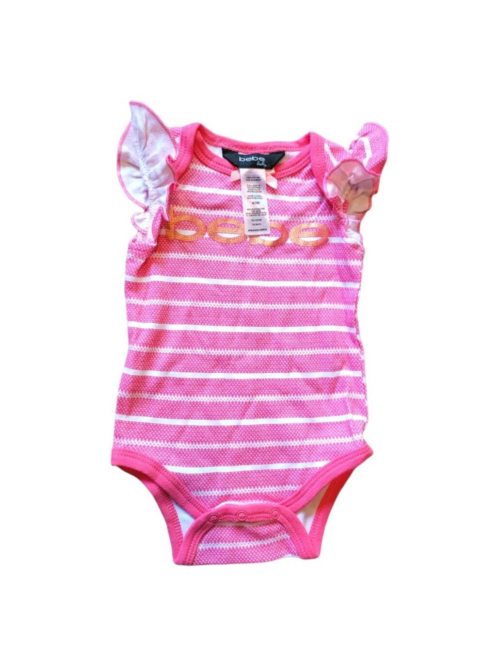 Bebe Baby One Piece Bodysuit Pink White Stripe Flutter Sleeve 0-3 Mos NWT JJ4272